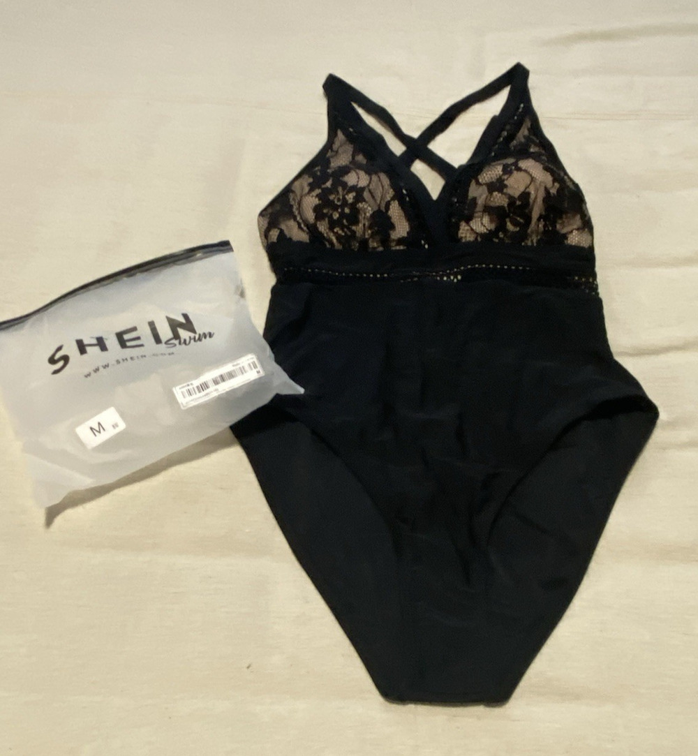 NWT Shein Black Lace Plunge One Piece Swimsuit Womens Size Medium